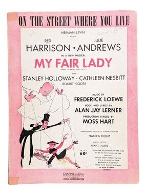 Vintage On The Street Where You Live Sheet Music My Fair Lady 1956 Julie Andrews